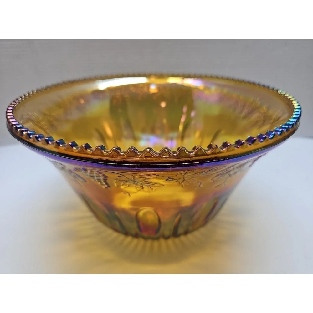 Indiana Carnival Glass Iridescent Amber Gold Grape Harvest 7QT Punch Bowl Vtg